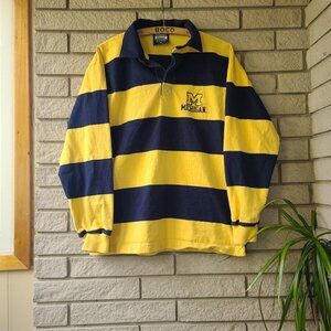 Vintage 'Barbarian Casual' navy/yellow striped long-sleeve rugby shirt men's L